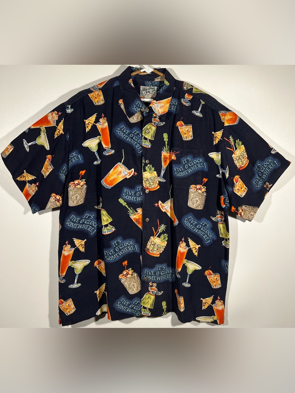 Big Dogs Hawaiian Shirt Men XL It's Five O'Clock Somewhere Linen Blend Cocktail